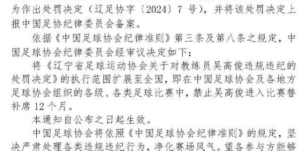 多次教唆小球员“照着人踢” 教练吴高俊禁赛一年